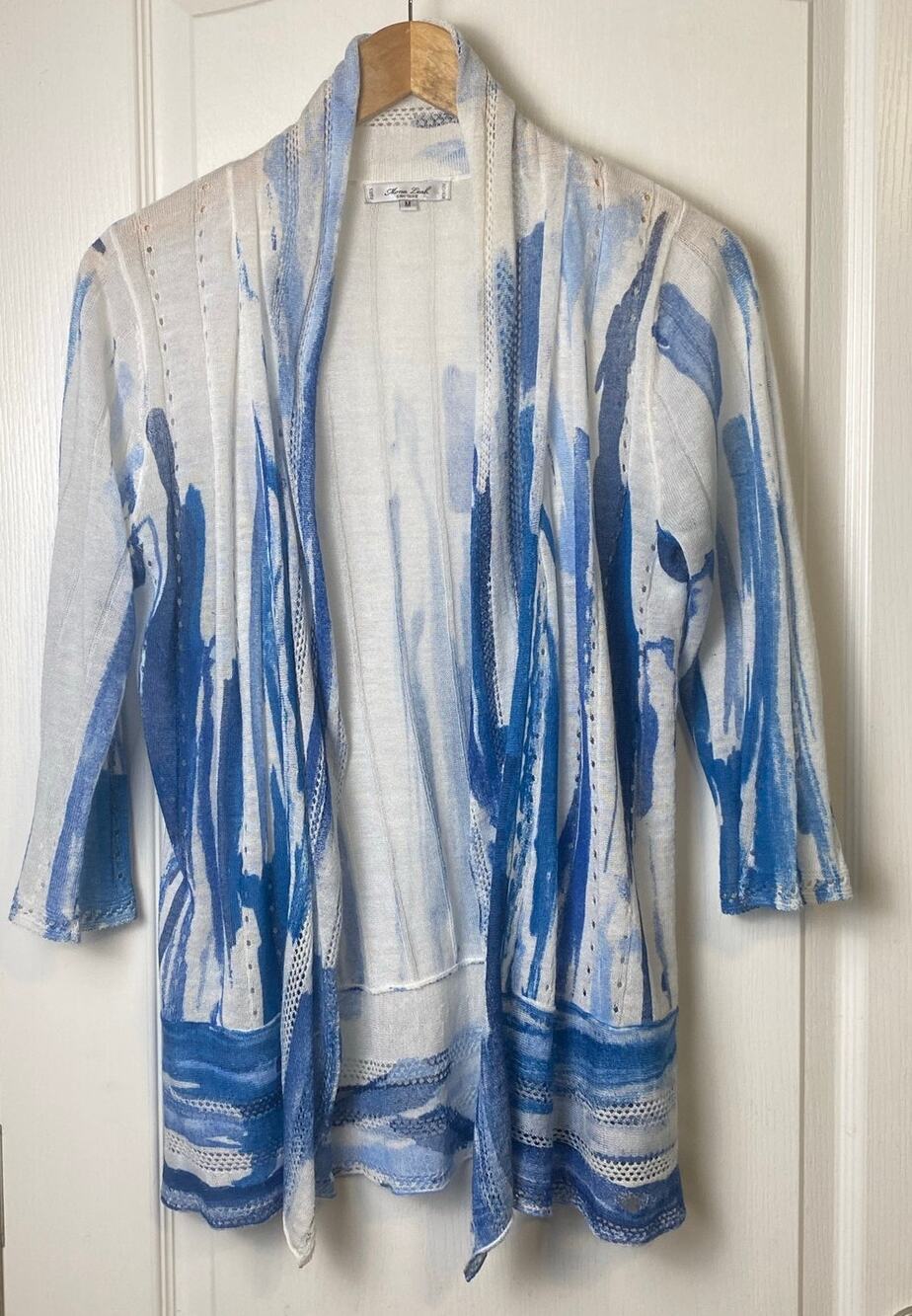 Mona Leah Couture Paris New York White Blue Linen Blend Cardigan Size Medium